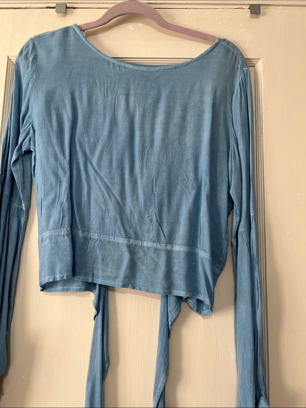 Style Envy Sky Blue Bell Sleeve Tie-Back Top